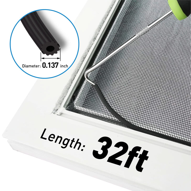 Window Screen Replacement Kit, 36"W × 90"L Durable Polyester Adjustable Screen Mesh with Retainer Spline (32ft) for DIY Project Window Screen Door Screen Replacement & Repair, Black 36" x 90"