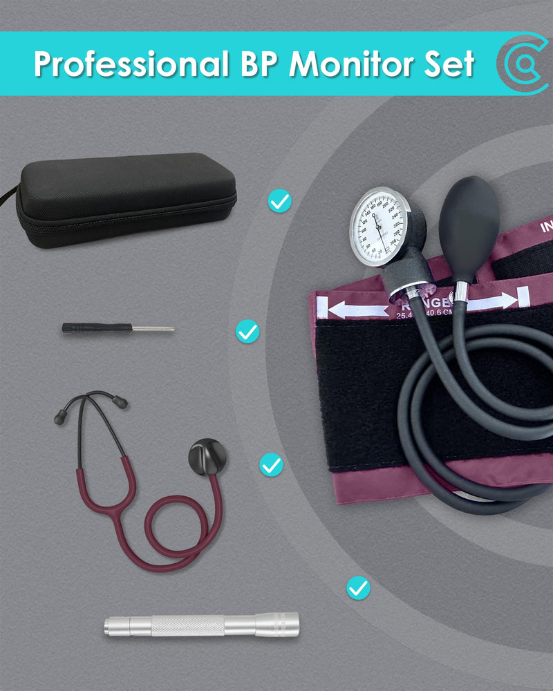 Premium Blood Pressure Cuff Set with Advanced Stethoscope, Penlight & Storage Case Kit, Aneroid Sphygmomanometer for Professional & Home Adult BP Monitoring, Burgundy Red With Premium Stethoscope Kit