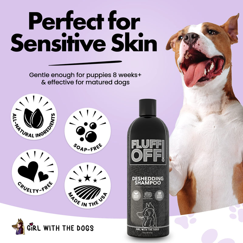 Soap Dispensing Pet Wash Sprayer Nozzle and FLUFF OFF! by Girl With The Dogs, Natural Deshedding Dog & Cat Shampoo 16 oz