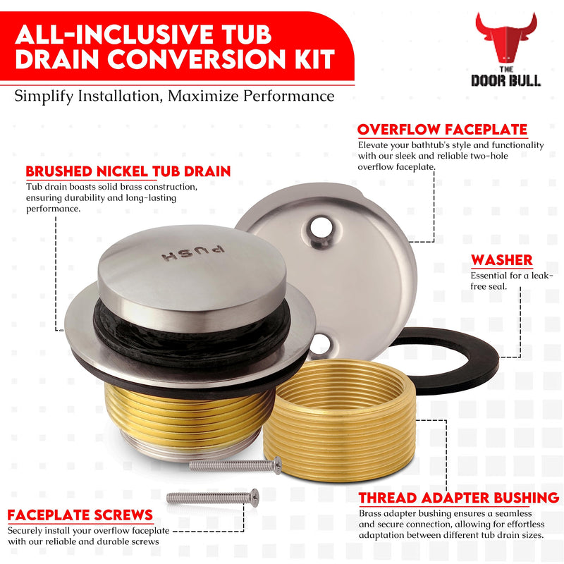 Tip-Toe Bathtub Drain Trim Kit with Two-Hole Overflow Faceplate – All Brass Tub Drain Stopper Replacement – Fits Fine or Coarse Thread Drain Shoe – Universal Tub Drain Assembly Brushed Nickel