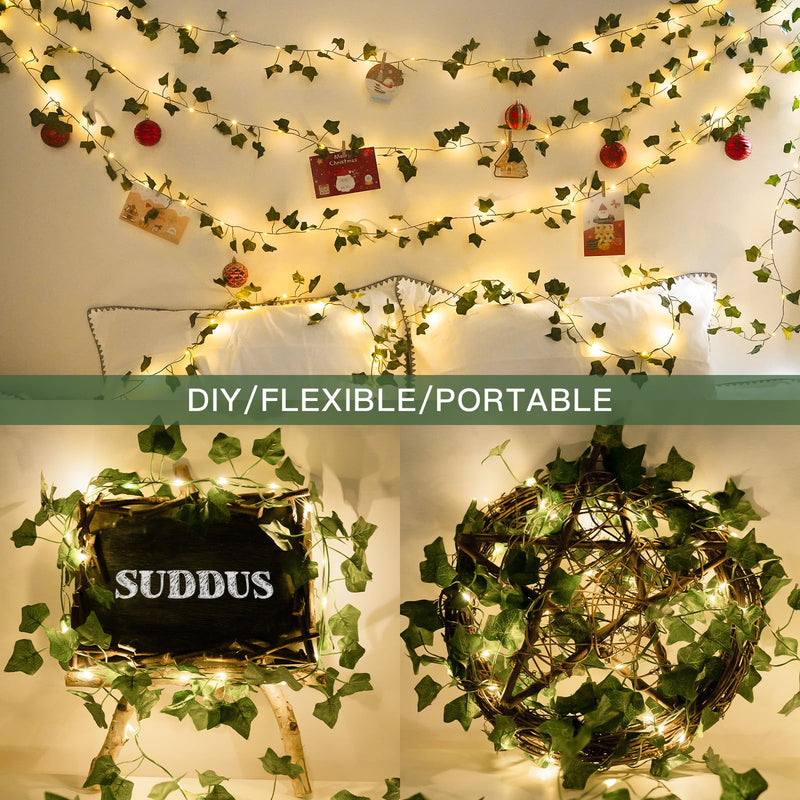 suddus Vine with Fairy Lights Battery Operated, 33ft 100 LED Ivy String Lights with Remote, Leaf Lights for Bedroom, Room, Wall, Garden, Party, Wedding Decor (Warm White) 100 LED-Copper Wire Battery-Powered IVY-33ft