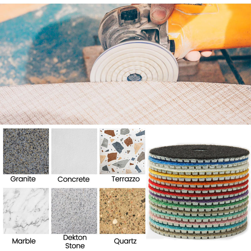 4 Inch Diamond Polishing Pads,16 Pack Wet/Dry Polish Pad Kit with 5/8’’-11 Backer Pad for Drill, Grinder, Polisher,30-8000 Grit Pads for Granite Marble Concrete Stone Quartz 16 Pack