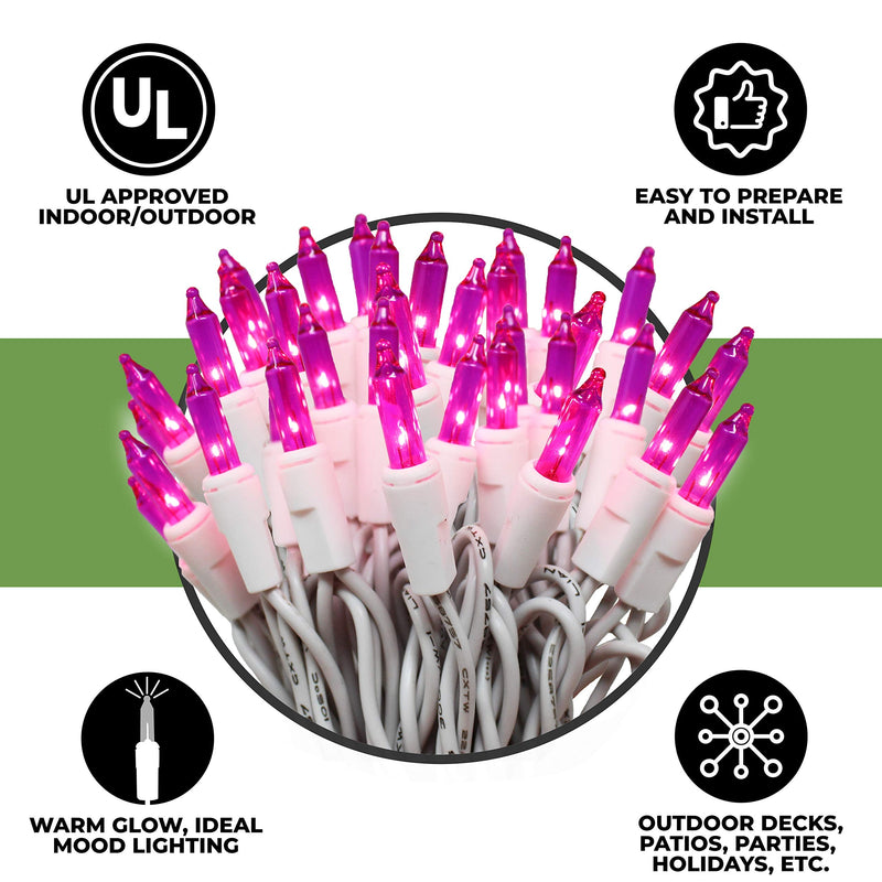 612 Vermont 100 Pink Christmas Lights on a White Wire String, UL Approved, Indoor/Outdoor Use, 18’ of Lighted Length, 20’ of Total Length