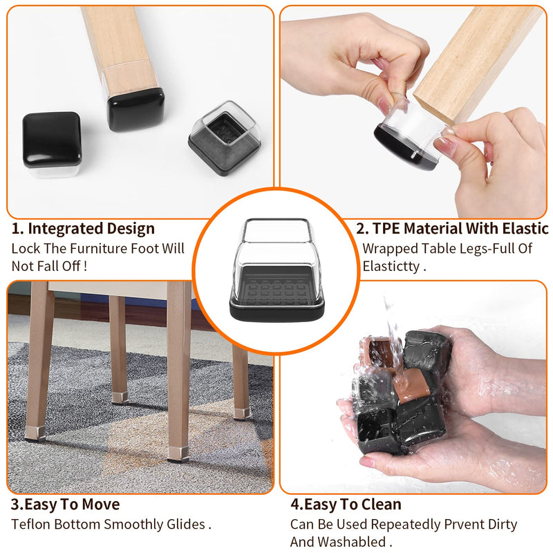 24 PCS Chair Leg Sliders for Carpet, Square Chair Glides, Furniture Leg Protectors Caps, Carpet Protectors Table Feet Covers Cups, Teflon Furniture Pads Sliders No Scratches (Fit 1.1" - 1.45", Clear) L - Clear