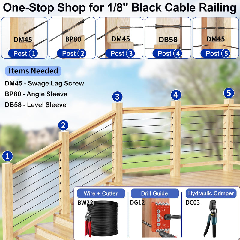 200 Pack Cable Railing Protector Sleeves for 1/8” Deck Railing System, Black Cable Railing Kit Hardware for Wood Post, T316 Stainless Steel Marine Grade DB58 1/8" 200