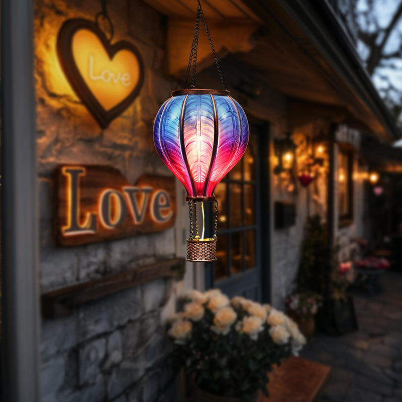 TERESA'S COLLECTIONS Hot Air Balloon Solar Lantern for Garden Decor Halloween Christmas Party,Flickering Flame Hanging Solar Light for Outdoor ,Blue & Purple Plastic Lamp for Yard Tree,Gift for Mom Blue & Purple