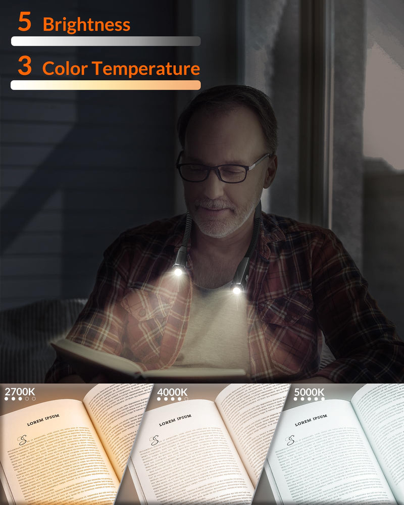 Neck Reading Light, 3-Color & 5-Brightness Neck Light, Book Light for Reading in Bed, Rechargeable Lamp with Comfortable Silicone Arm, Eye-Caring Neck Light for Reading, Knitting, Crafting