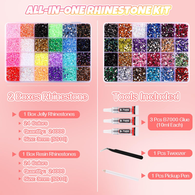 Kalolary 48000Pcs 48 Colors Jelly Rhinestones for Bedazzling and Diamond Art,3mm Resin Flatback Gems Bedazzler Kit with 3Pcs B7000 Glue Tweezers&Pick Up Pen for DIY Crafting Crafts Book Shoes Nail Art