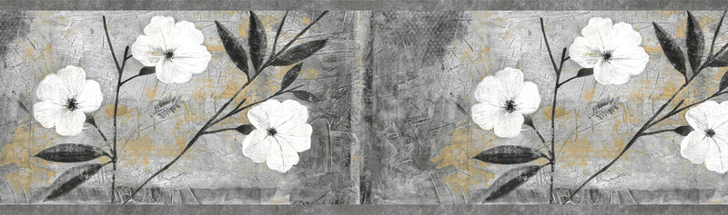 Dundee Deco BD6054 Peel and Stick Wallpaper Border - Floral White, Gray, Brown, Black Abstract Flowers Wall Border Retro Design, 15 ft x 7 in (4.57m x 17.78cm), Self Adhesive