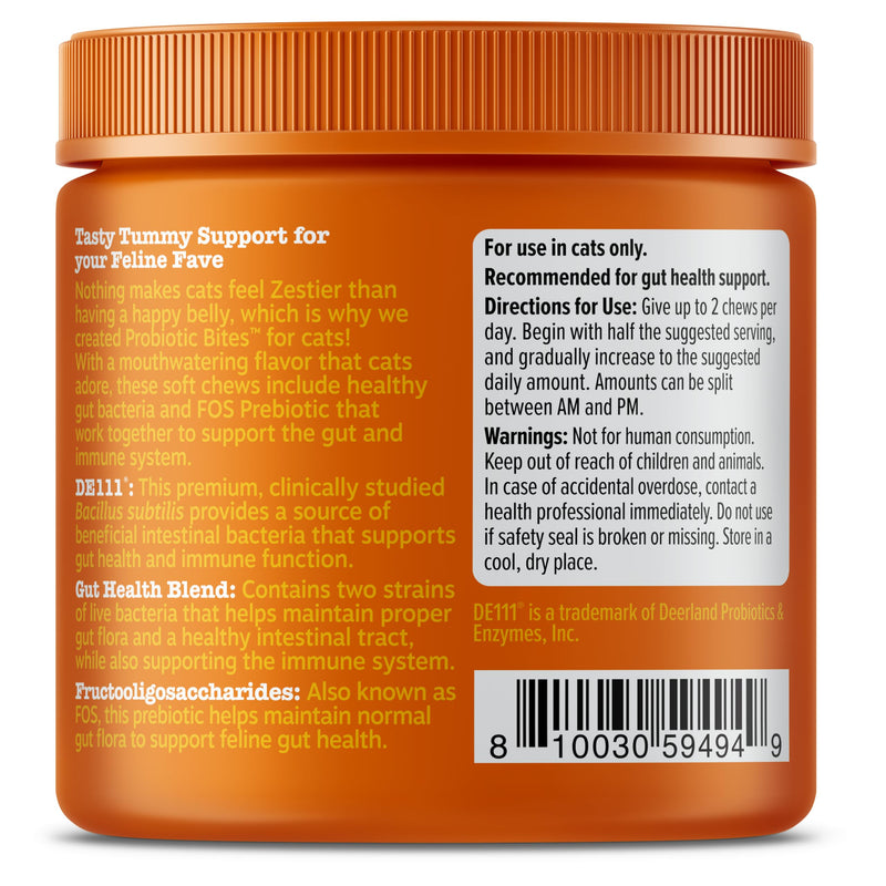 Zesty Paws Probiotic Bites for Cats - Gut Flora & Immune System Support - Cat Supplement with DE111 Bacillus subtilis - Pet Soft Chews with Probiotics & Prebiotics for Digestive Health - 60 Count Cat - Chicken