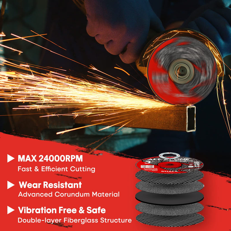 SHALL 25-Pack Cut Off Wheels 3” x 3/8” x 3/64” - Ultra Thin Cutting Wheel with Pouch for Angle Grinder & Cut-Off Tools - Fast Cutting Disc for INOX, Steel, Iron, Non-Ferrous Metal & PVC 25PCS 3 x 3/64 x 3/8