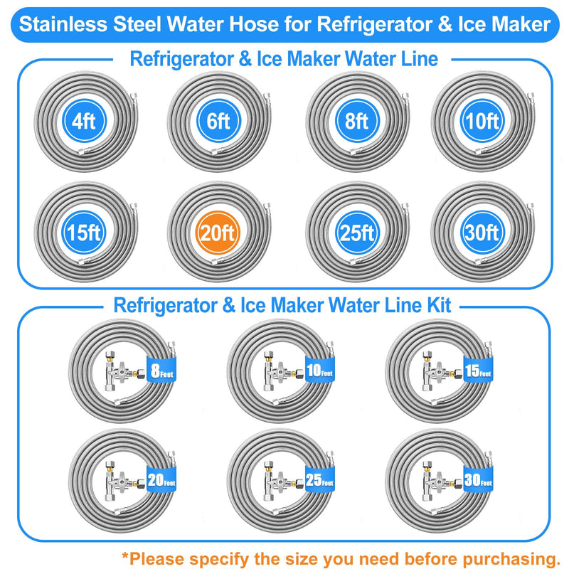 Refrigerator water line - 20 FT Premium Stainless Steel Braided Ice Maker Water Hose,Food grade PEX Inner Tube Fridge Water Line with 1/4" Fittings for Refrigerator Ice Maker