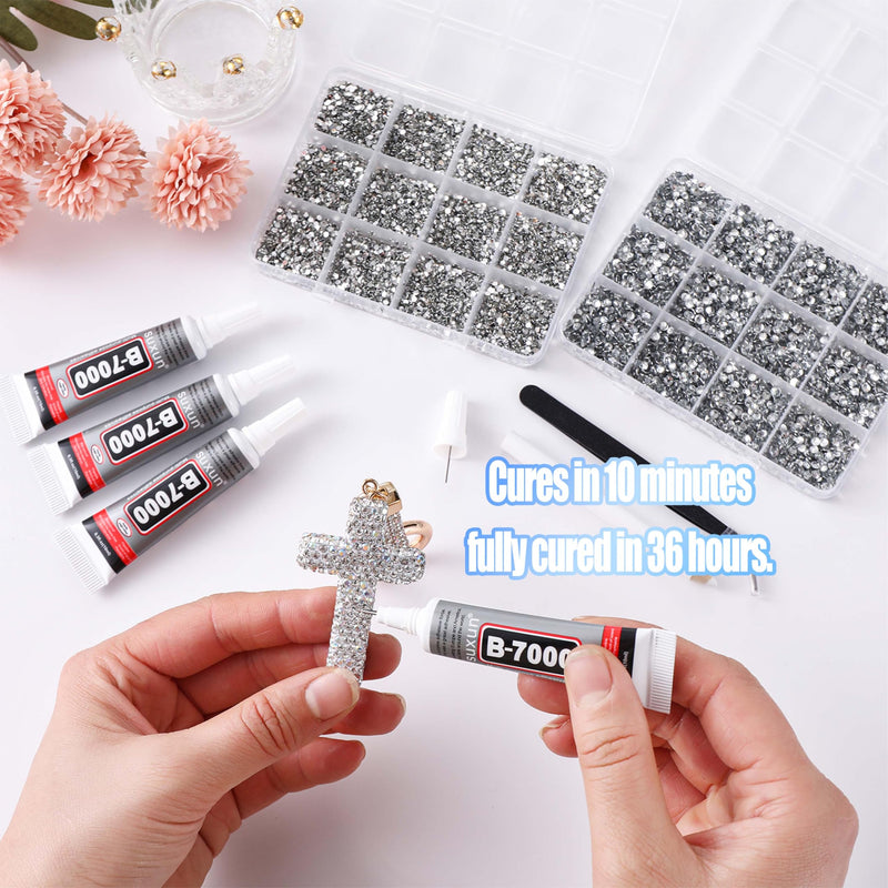 38000Pcs Bedazzling Kit with Rhinestones, Silver Clear Flatback Gems for Diamonds Art, 4 Boxes Bedazzler Kit Tweezers, Wax Pen & 4×10ml B7000 Jewelry Glue for Nail Art, Clothing, Crafts Set 01