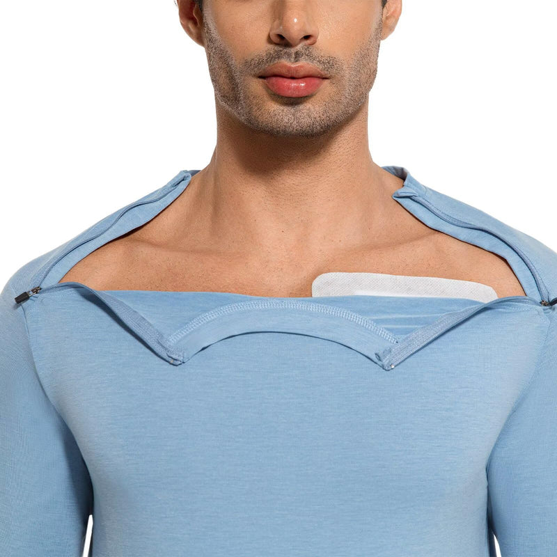 Chemo Port Shirts for Men Post Shoulder Surgery Recovery Shirts Long Sleeve Dual Chest Zips Shirts Blue Small
