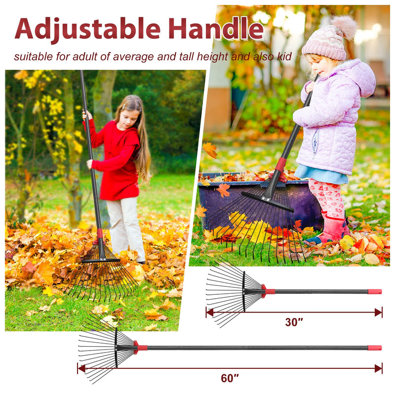 60 Inch Rake for Leaves, Adjustable 18 Metal Tines with Expandable Head Garden Rakes for Lawns Heavy Duty Metal Rake for Leaves Yard Gardening Grass Outdoor Debris 60 inch