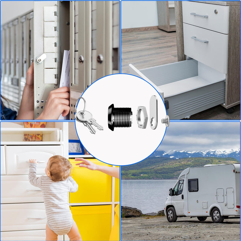 6 Pack Cabinet Locks with Keys, 5/8" Cam Lock Keyed Alike, RV Cam Locks for Secure File Cabinet Drawer Mailbox Toolbox Lock Replacement, Zinc Alloy 6 Pack 5/8 Inch-Black Silver Metal