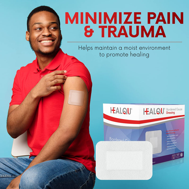 HEALQU Bordered Gauze Island Dressing - 50 Count, 2.4"x4" Sterile Individually Wrapped Gauze Pads with Water-Resistant, Non-Woven Backing - Soft and Breathable Wound Dressing for First Aid & Medical 2.4x4" (2x1" pad) Box of 50