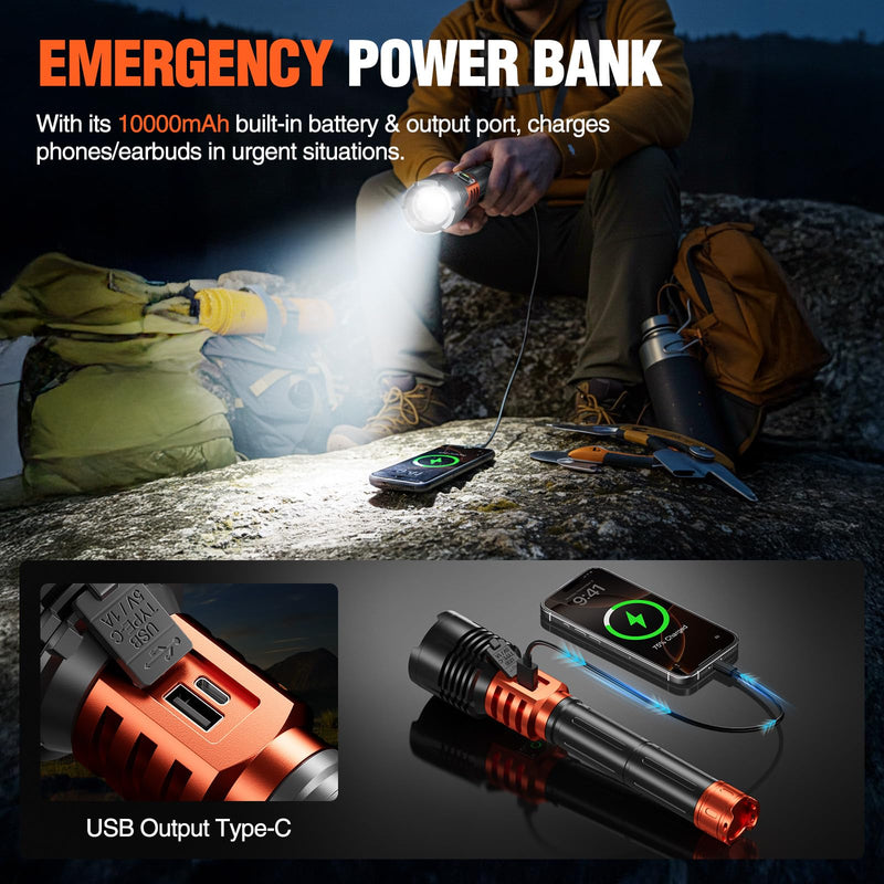 Wdtpro Rechargeable LED Flashlights High Lumens, Super Bright 90,000LM Rechargeable Flashlight with LCD Display, 5 Modes & Waterproof Powerful 10000mAh Handheld Flashlight for Camping Emergency Orange