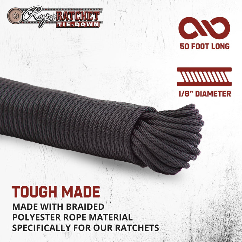 Rope Ratchet 3/16" 50 ft Solid Braided Polypropylene Rope, Heavy Duty, Weatherproof Utility Cord for Camping, Tie Down, Securing, Indoor & Outdoor Use, 110 lbs Capacity - Black Black-hank B