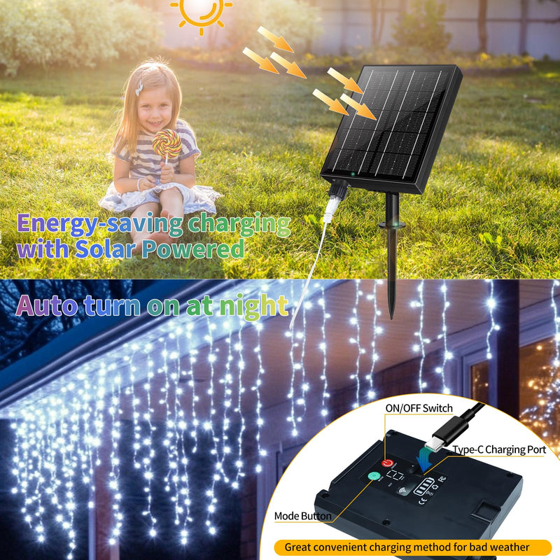 Solar Icicle Lights for Outside - 82Ft 660 LED Solar Powered Christmas Lights Outdoor Waterproof with Remote, Cool White LED Icicle String Lights for Halloween Wedding Patio Balcony Roof Decor Cool White 660LED 82Feet(66Ft+16Ft)