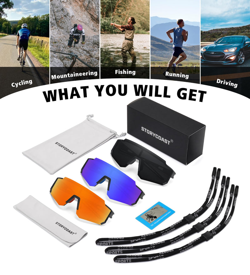 STORYCOAST Polarized Sports Sunglasses for Men Women,Driving Fishing Cycling Mountain Bike Sunglasses UV400 Protection 3pack Matte Black/Gray+matte Black/Red+matte Black/Dark Blue 73 Millimeters