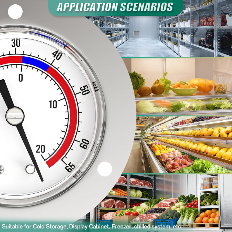 2PCS -40 to 65 ℉ / -40 to 20℃ Capillary Design Refrigeration Thermometer, Stainless Steel Flanged Panel Mount, 2" Dial Size, 48" Capillary Length, Cold Storage, Display Cabinet, Freezer