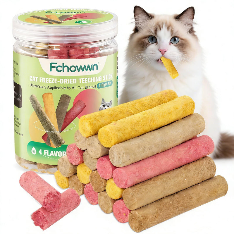 4 Flavor/110g Freeze-Dried Cat Treats,Chew Sticks for Dental Health,Hairball Control & Digestive Support (Beef,Cat Grass Salmon,Chicken Pumpkin,Chicken Dragon Fruit)