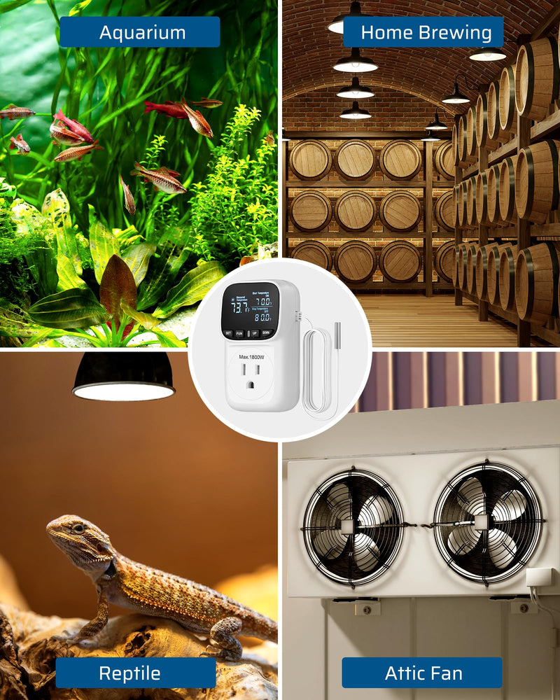 DEWENWILS Digital Temperature Controller, Heavy Duty 15A/1800W Thermostat Outlet Plug, VA Display Heating Cooling Control Timer, -40℉~210℉, Cyclic Timing/Countdown, for Greenhouse Incubator Homebrew White