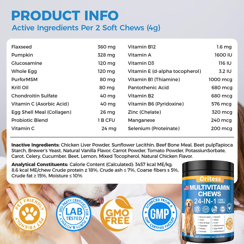 Dog Vitamins and Supplements 200 Chews 24-in-1 Multivitamin Chewable for Dogs with Glucosamine Probiotics Omega-3 Dog Chewable for Coat, Heart, HIPS & Joints, Digestion & Immune System
