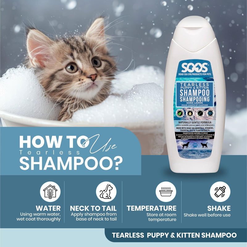 Soos Pet Tear-Less Shampoo for Puppies and Kittens | Natural Dead Sea Minerals | Fast Absorbing, Moisturizing, Gentle Skin Care | Vitamins & Essential Oils for Sensitive Skin - 500ml - PawsPlanet Australia