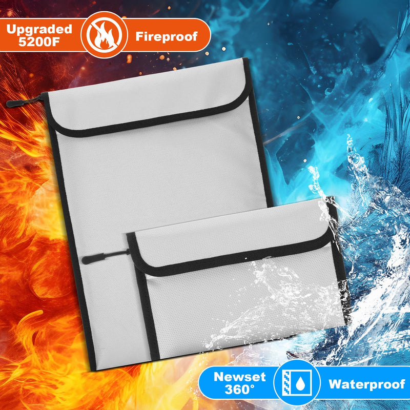 2 Pcs 5200°F Upgraded Fireproof Document Bag, Fire and Water Resistant Bag with Zipper for Documents, Waterproof Fireproof Money Bag for Important Document Storage Organizer(Gray)