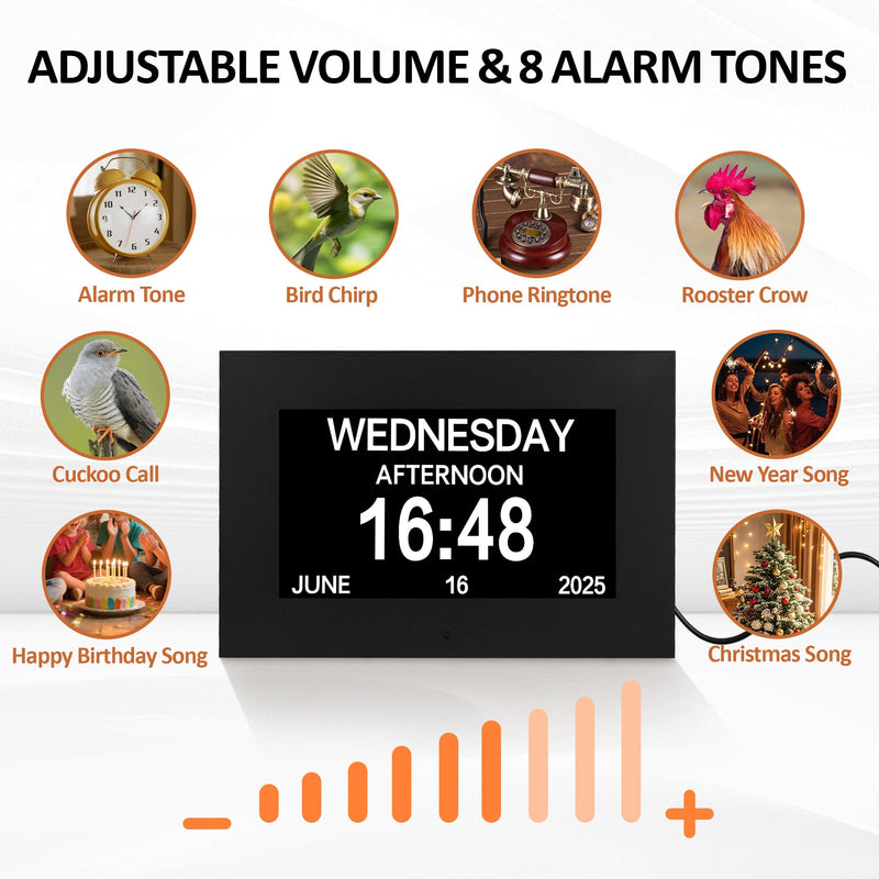 7" Digital Alarm Clock for Seniors, Dementia Clock with Day and Date for Elderly, Digital Calendar Day Clock with 20 Reminders & 20 Alarms, Auto-DST 7" Non-Touchscreen Black