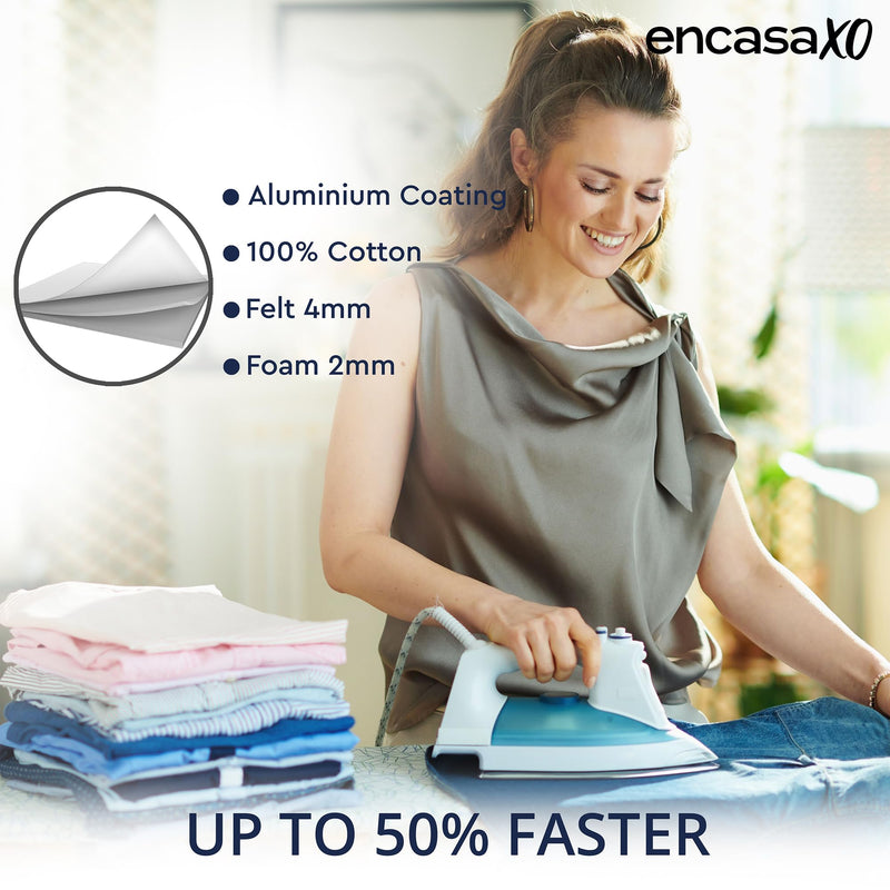 Encasa Homes Metallised Ironing Board Cover 'Silver Super Luxury' with Foam + Felt PAD (Fits Large Boards 54"x15") Heat Reflective, Scorch Resistant, Bungee Elasticated, 3 Fasteners Silver Luxury