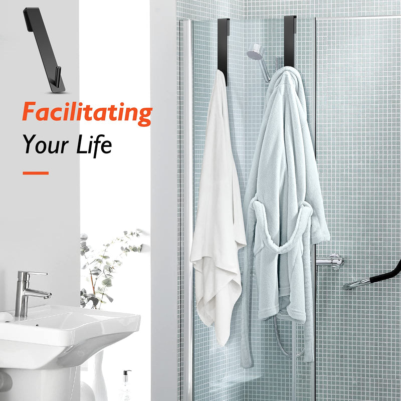 Shower Door Hooks(7.5 Inch),Extended Over Door Hooks for Bathroom Frameless Glass Shower Door,Stainless Steel Towel Hooks,Heavy Duty Rack Hooks for Robe,Towel-2 Pack-Black Black 7.5IN-2 Pack
