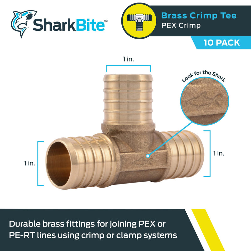 SharkBite 1 Inch Crimp Tee, Pack of 10, Brass Plumbing Fitting, PEX Pipe, PE-RT, UC374LF 1 in., 10 pack