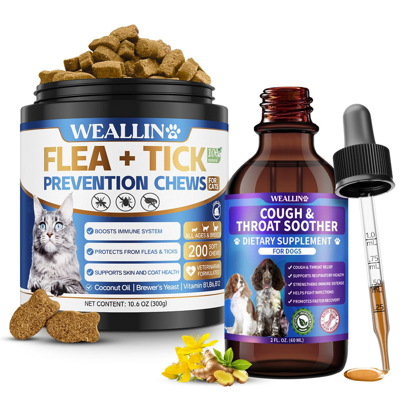 WEALLIN Dog Cough Treatment Support + Cat Flea and Tick Prevention Soft Chews, Complete Natural Care for Multi-Pet Households