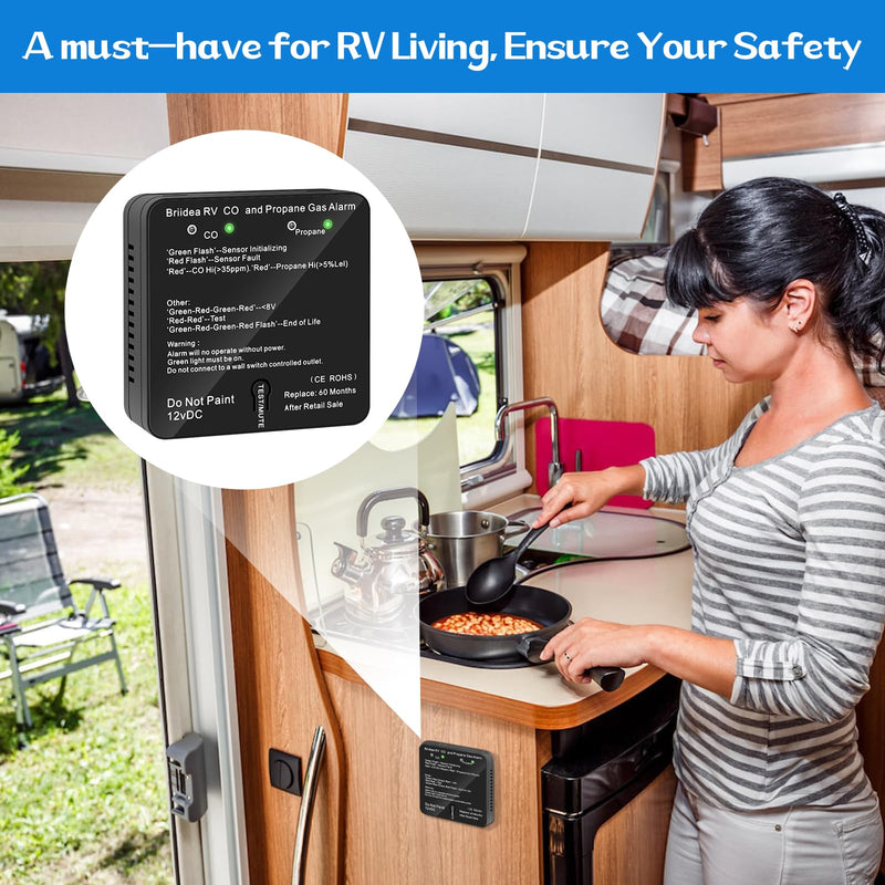 RV Carbon Monoxide & Propane Gas Alarm, Briidea Dual LP/CO Alarm, Separate LED Indicators, 100dB Loud, Early Warning Safety System, 12 VDC, Black