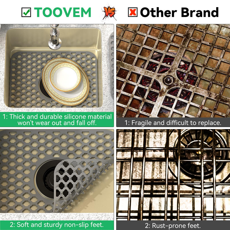 TOOVEM Kitchen Sink Mats, 2PCS Non-Slip Heat Resistant Silicone Sink Protector Mat, Folding Farmhouse Rear Drain Sink Mats, Center Drain, Grey Gray 2Pack-13.58"x11.6"-Center Drain