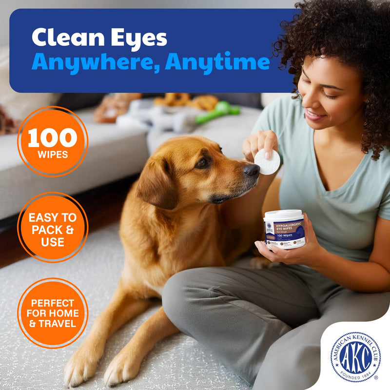 AKC Pet Eye Wipes for Dogs & Cats – Tear Stain Remover & Eye Discharge Cleaner – Hypoallergenic Grooming Wipes, 100 Count (Coconut Scent) Coconut Scent