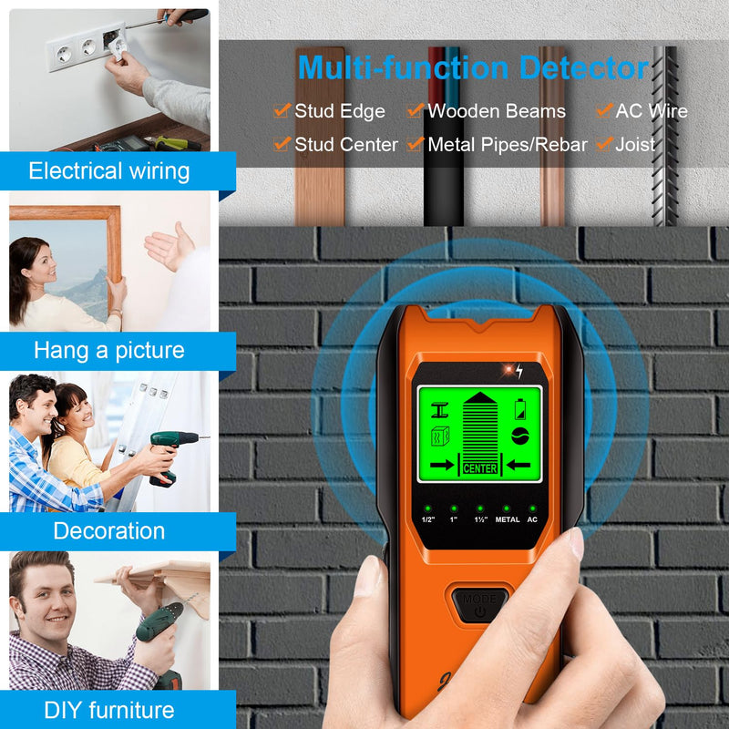 Stud Finder Wall Scanner, 5 in 1 Multifunction Stud Locator with Smart Sensor, HD LCD Display and Audio Alarm for The Center & Edge of Metal, Studs, AC Wire, and Pipe Detection (Tropical Orange) Tropical Orange