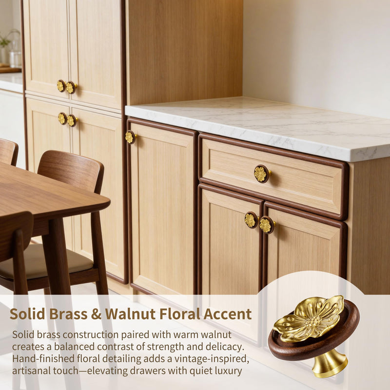 Solid Brass Gold Cabinet Knobs, 2 Inch Oversized Flower Drawer Pulls with Wood Base,4-Pack Modern Dresser Handles for Bathroom Vanity, Kitchen ,Cupboard and Furniture Hardware, Brushed Brass Finish