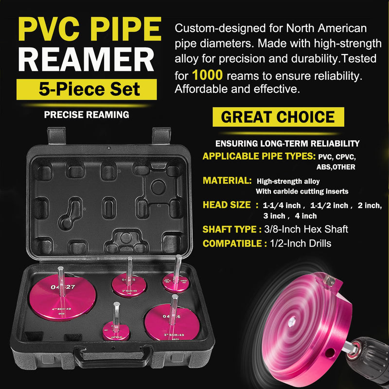 PVC Pipe Reamer Kit, 5-Piece Pipe Fitting Reamer Tool for Plumbing Repairs 1.25+1.5+2+3+4 Inch