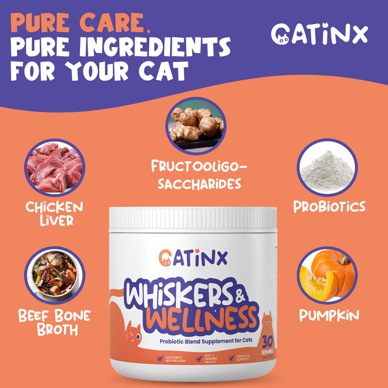 Whiskers & Wellness Probiotic Blend - Digestive Support for Cats, Metabolic Health, Gut Balance, and Immune Boost | 7 Billion CFUs, Pumpkin, Chicken Liver, and Cat Prebiotics