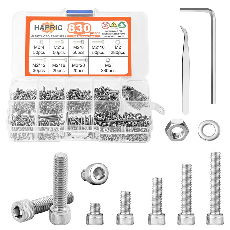 830 Pcs M2 Screws Assortment Kit M2 Nuts and Bolts M2*4mm/6mm/8mm/10mm/12mm/16mm/20mm Metric Machine Screw Kit, 304 Stainless Steel Hex Socket Head Screws Nuts Bolts and Washers Set A M2x4mm-20mm 830Pcs