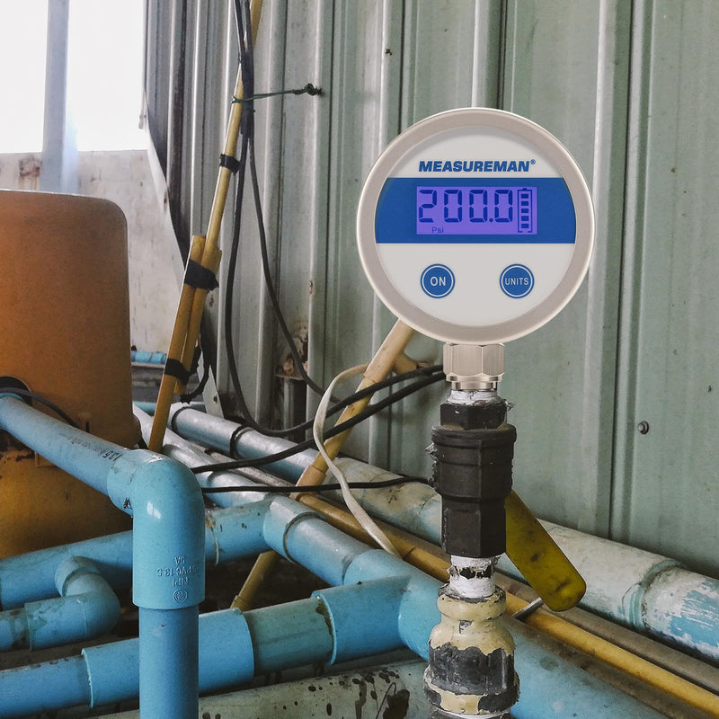 MEASUREMAN Economy Digital Pressure Gauge 2.5" Blue Backlit LCD, 0-200 PSI All Stainless Steel Case 1/4" NPT Connection 1% Accuracy 0-200psi