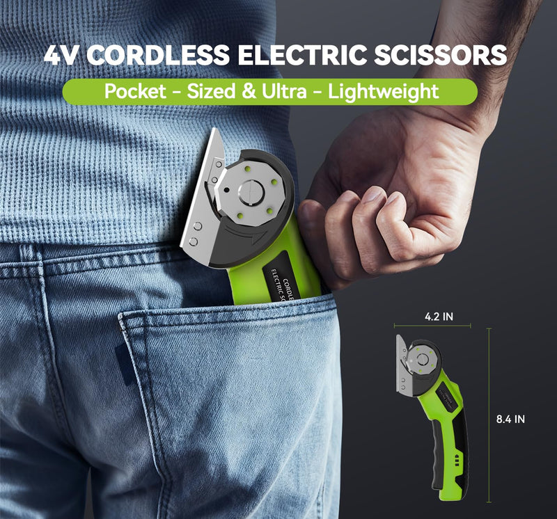 Cordless Electric Scissors,4V Rechargeable Cardboard Cutter Heavy Duty Scissor with Safety Lock & LED Light for Box Carpet Plastic Fabric(Green)