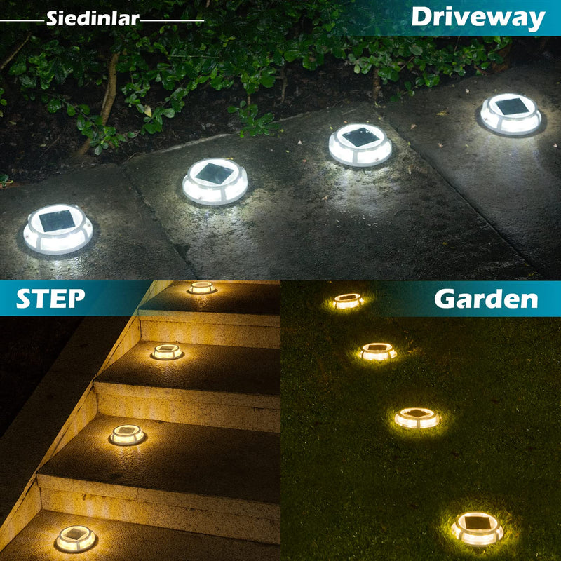 SIEDiNLAR Solar Deck Lights Outdoor 2 Modes 16 LEDs Driveway Markers Dock Light Solar Powered Waterproof for Ground Step Pathway Walkway Stair Garden Road Yard 4 Pack (Cool White/Warm White) Cool White & Warm White