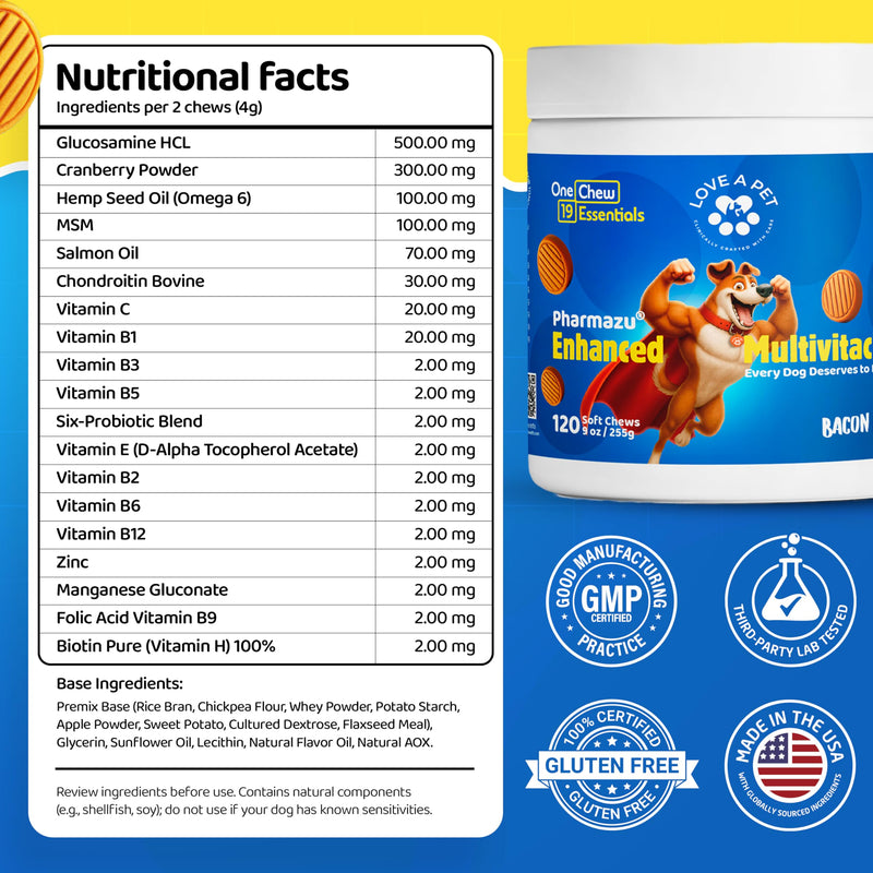 Enhanced Multivitachew – Dog Supplies Multivitamin Soft Chews with Glucosamine for Dogs – Supports Joints, Skin, Coat & Digestion – Dog Vitamins & Omega, Probiotics – 120 Bacon Chews