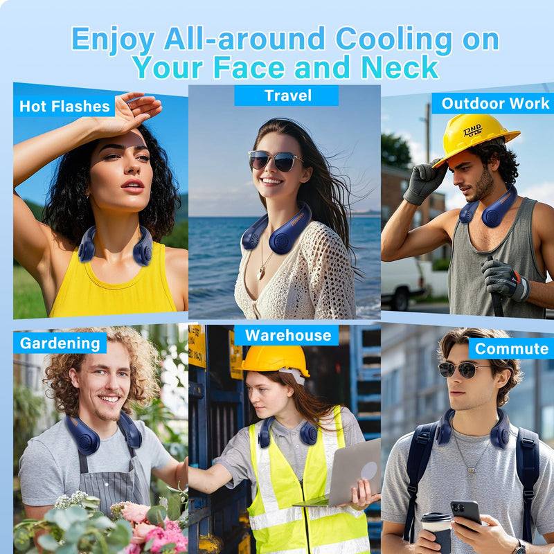 Portable Neck Fan Rechargeable, 5 Speeds, Lightweight, Long Lasting, Battery Operated All-Around Cooling Quiet Personal Fans for Travel Camping Cooling Essentials, Birthday Gifts for Women Men Mom Dad Blue