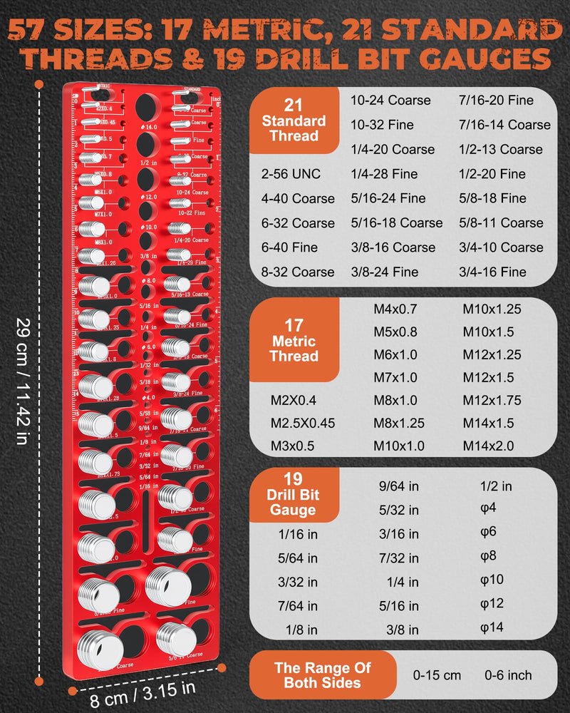57 Pcs Nut and Bolt Thread Checker - 21 Standard + 17 Metric Thread Gauges | 19 Drill Bit Gauges, Wall-Mountable Bolt Size Finder for Fastener & Drill Bit Identification